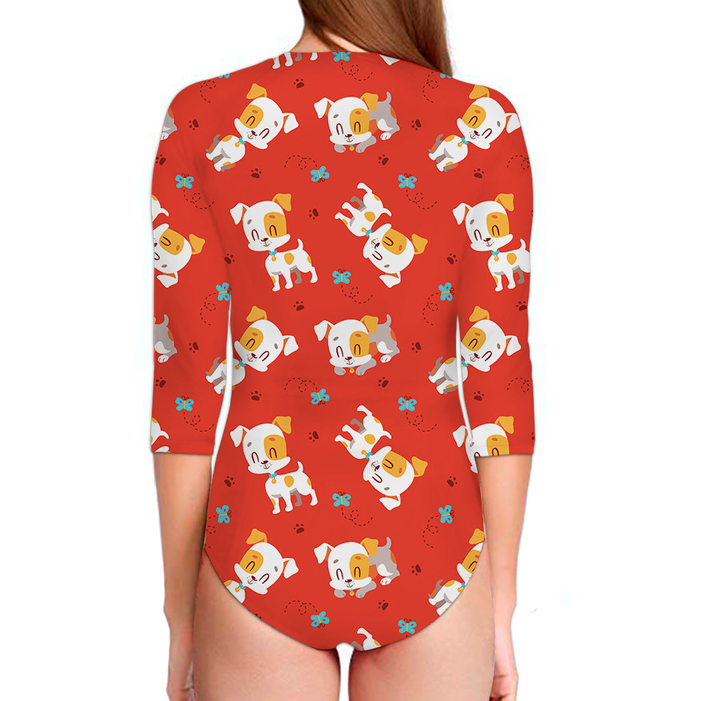 Cartoon Jack Russell Terrier Print Long Sleeve Swimsuit