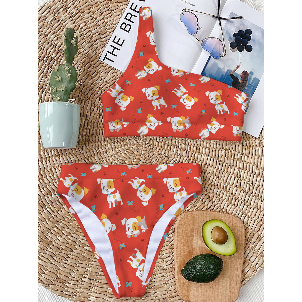 Cartoon Jack Russell Terrier Print One Shoulder Bikini Top