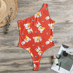 Cartoon Jack Russell Terrier Print One Shoulder Bodysuit