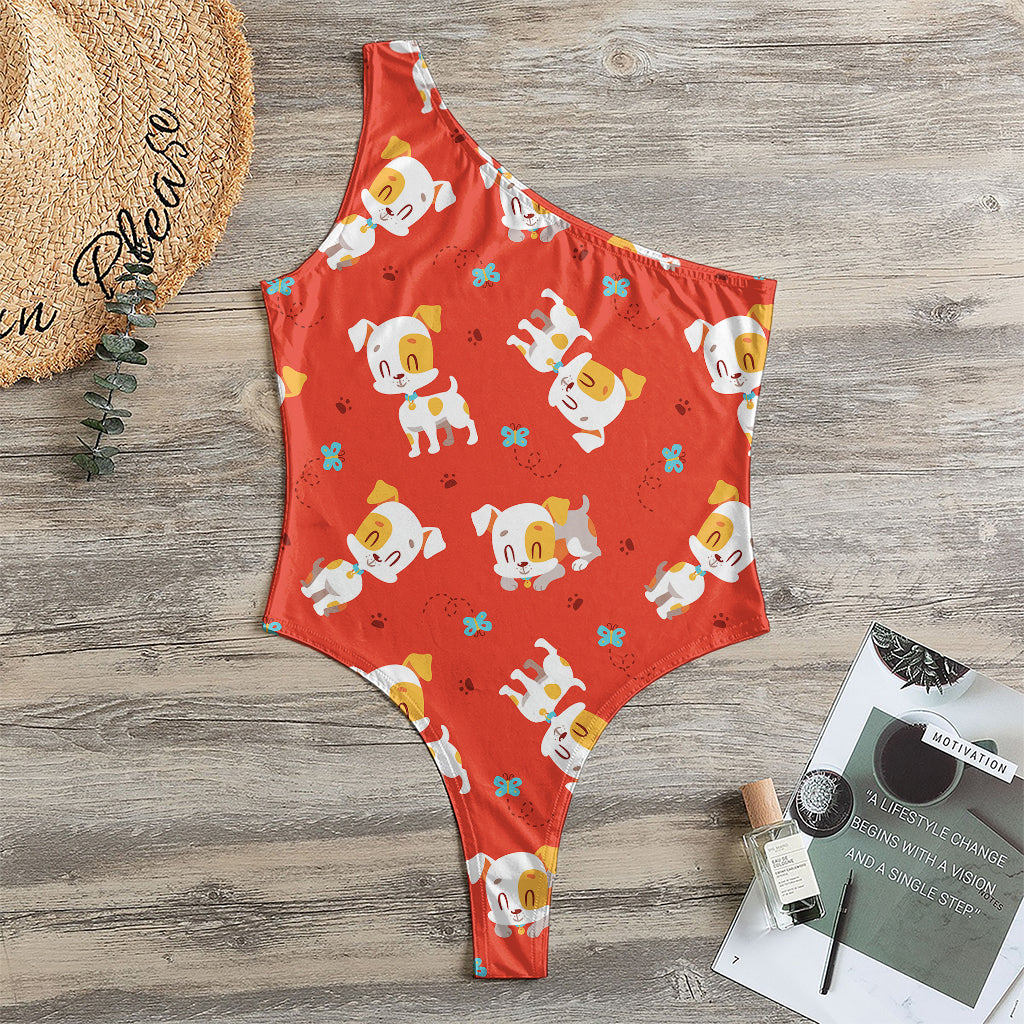 Cartoon Jack Russell Terrier Print One Shoulder Bodysuit