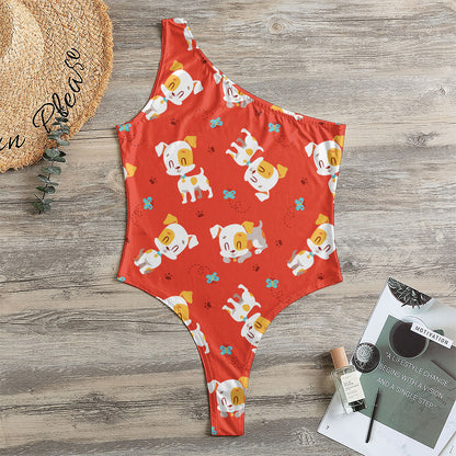 Cartoon Jack Russell Terrier Print One Shoulder Bodysuit
