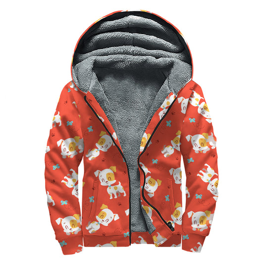 Cartoon Jack Russell Terrier Print Sherpa Lined Zip Up Hoodie