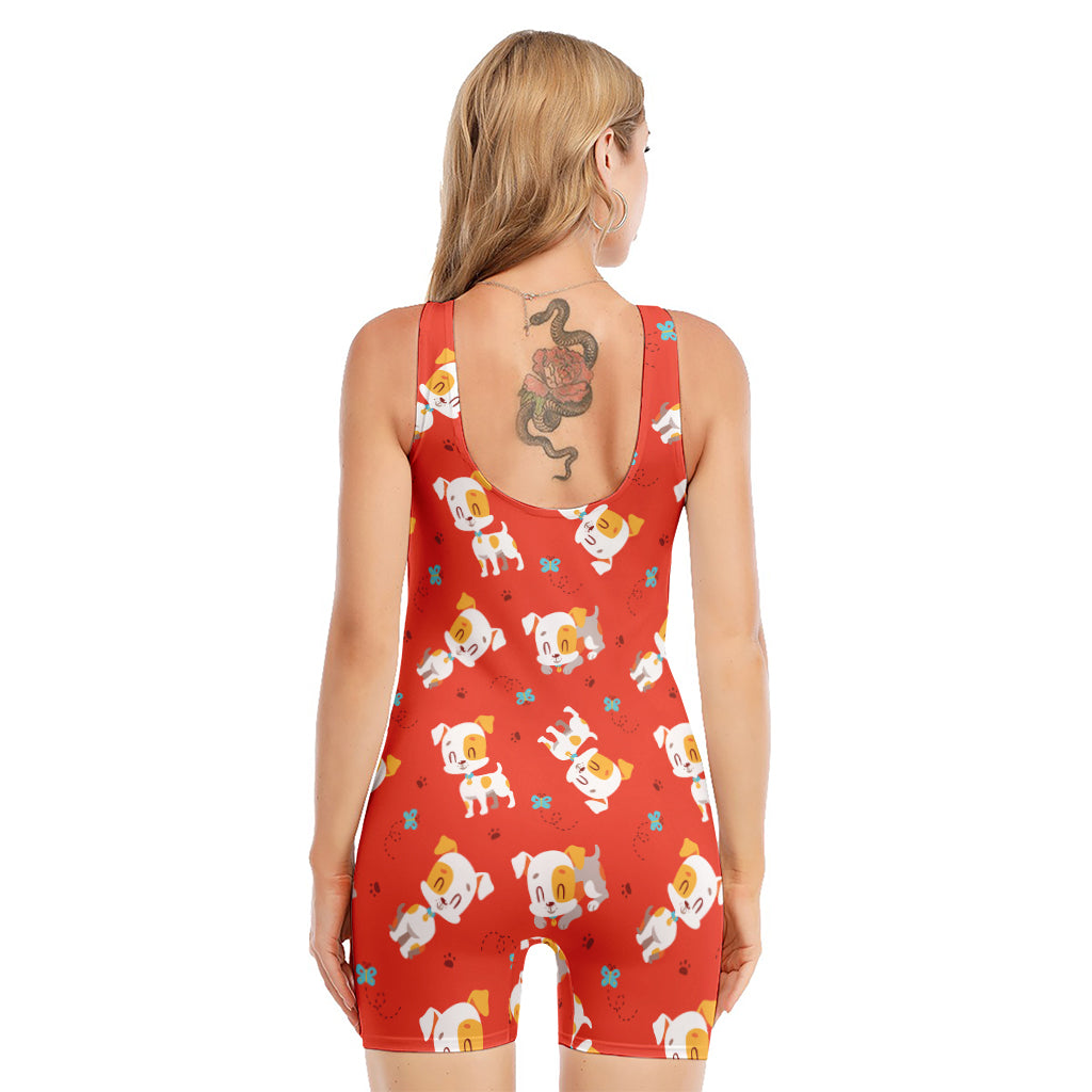 Cartoon Jack Russell Terrier Print Sleeveless One Piece Swimsuit