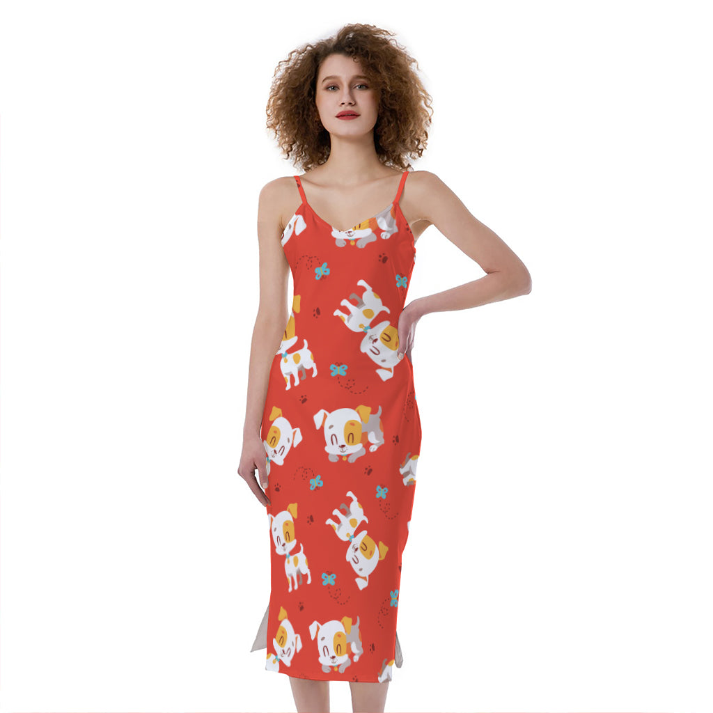 Cartoon Jack Russell Terrier Print Slim Fit Midi Cami Dress