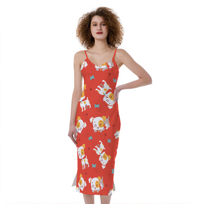 Cartoon Jack Russell Terrier Print Slim Fit Midi Cami Dress