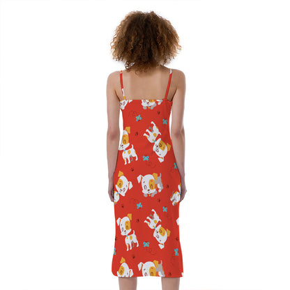Cartoon Jack Russell Terrier Print Slim Fit Midi Cami Dress