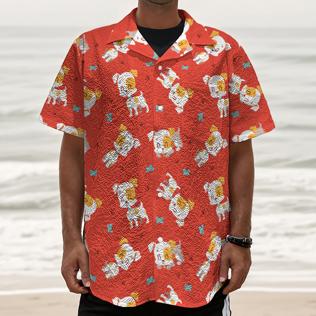 Cartoon Jack Russell Terrier Print Textured Short Sleeve Shirt