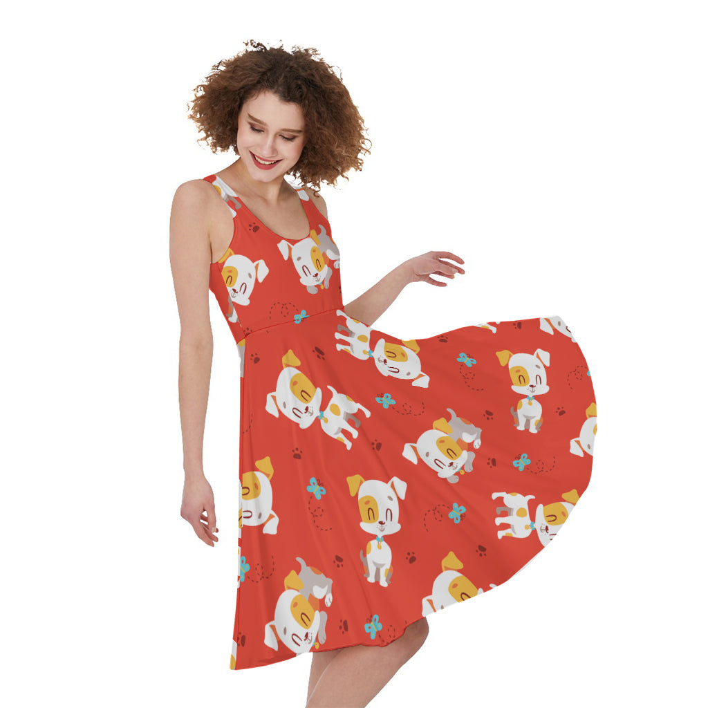 Cartoon Jack Russell Terrier Print Women's Sleeveless Dress