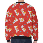 Cartoon Jack Russell Terrier Print Zip Sleeve Bomber Jacket