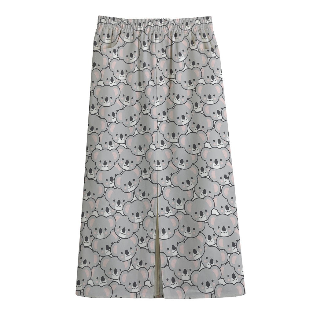 Cartoon Koala Pattern Print Cotton Front Slit Maxi Skirt