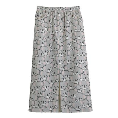 Cartoon Koala Pattern Print Cotton Front Slit Maxi Skirt