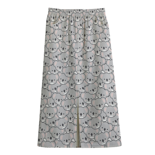 Cartoon Koala Pattern Print Cotton Front Slit Maxi Skirt