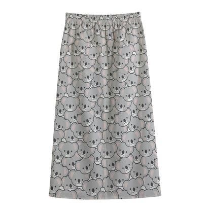 Cartoon Koala Pattern Print Cotton Front Slit Maxi Skirt