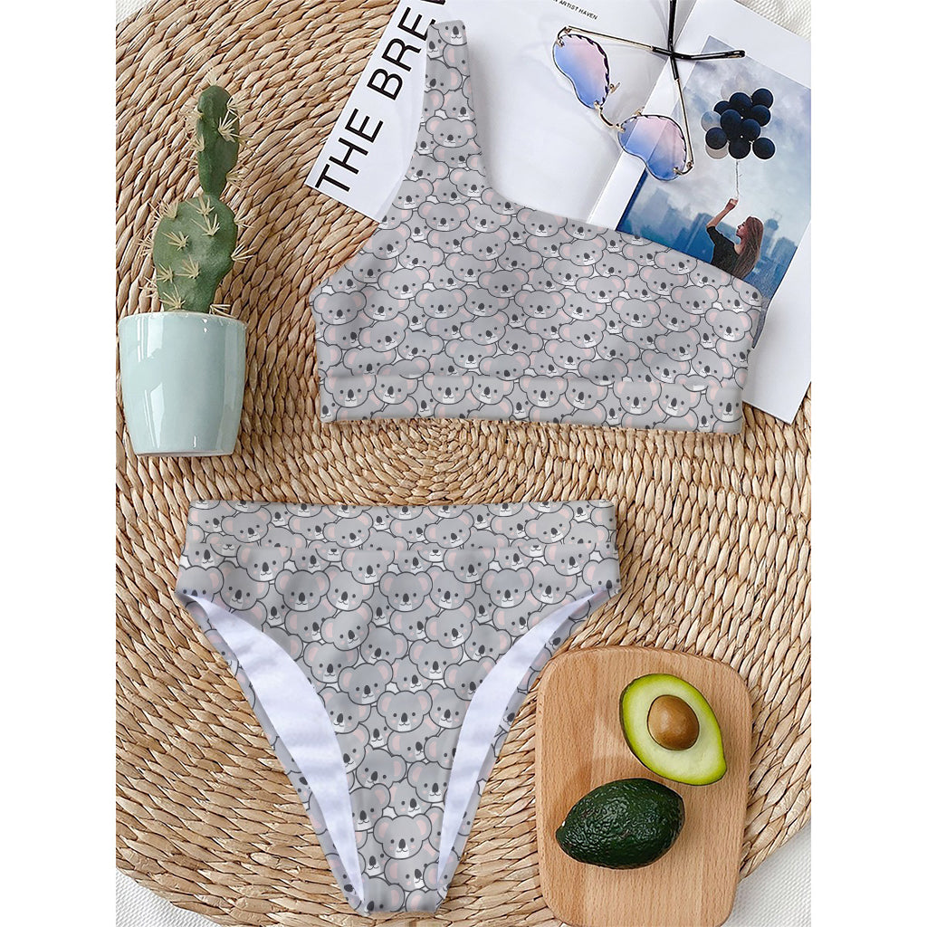 Cartoon Koala Pattern Print One Shoulder Bikini Top