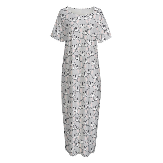 Cartoon Koala Pattern Print Short Sleeve Long Nightdress