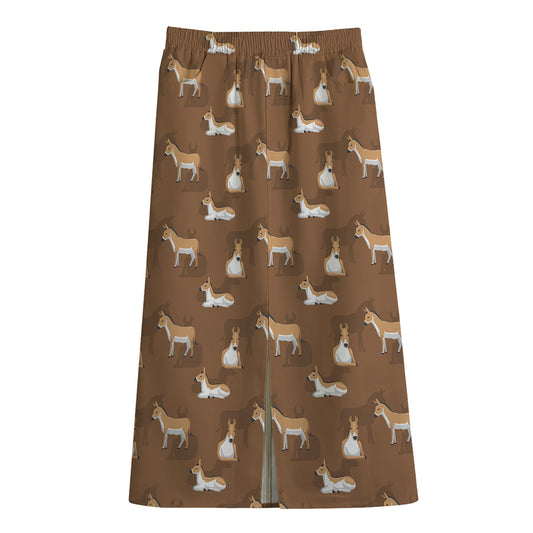 Cartoon Kulan Donkey Pattern Print Cotton Front Slit Maxi Skirt