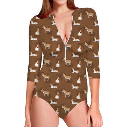 Cartoon Kulan Donkey Pattern Print Long Sleeve Swimsuit