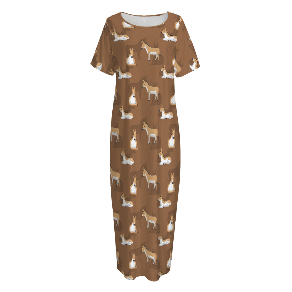 Cartoon Kulan Donkey Pattern Print Short Sleeve Long Nightdress