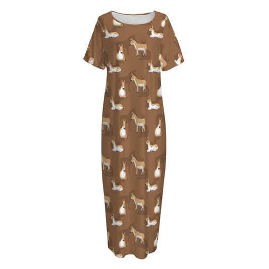 Cartoon Kulan Donkey Pattern Print Short Sleeve Long Nightdress