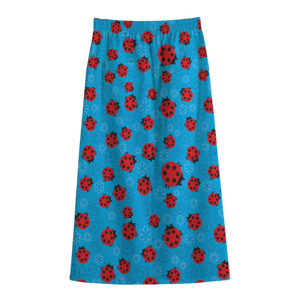 Cartoon Ladybird Pattern Print Cotton Front Slit Maxi Skirt