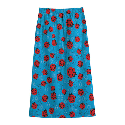 Cartoon Ladybird Pattern Print Cotton Front Slit Maxi Skirt