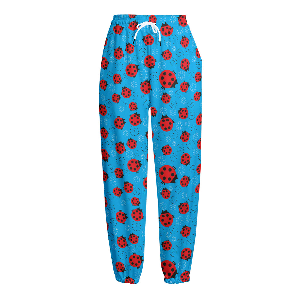 Cartoon Ladybird Pattern Print Fleece Lined Knit Pants