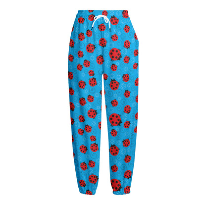 Cartoon Ladybird Pattern Print Fleece Lined Knit Pants