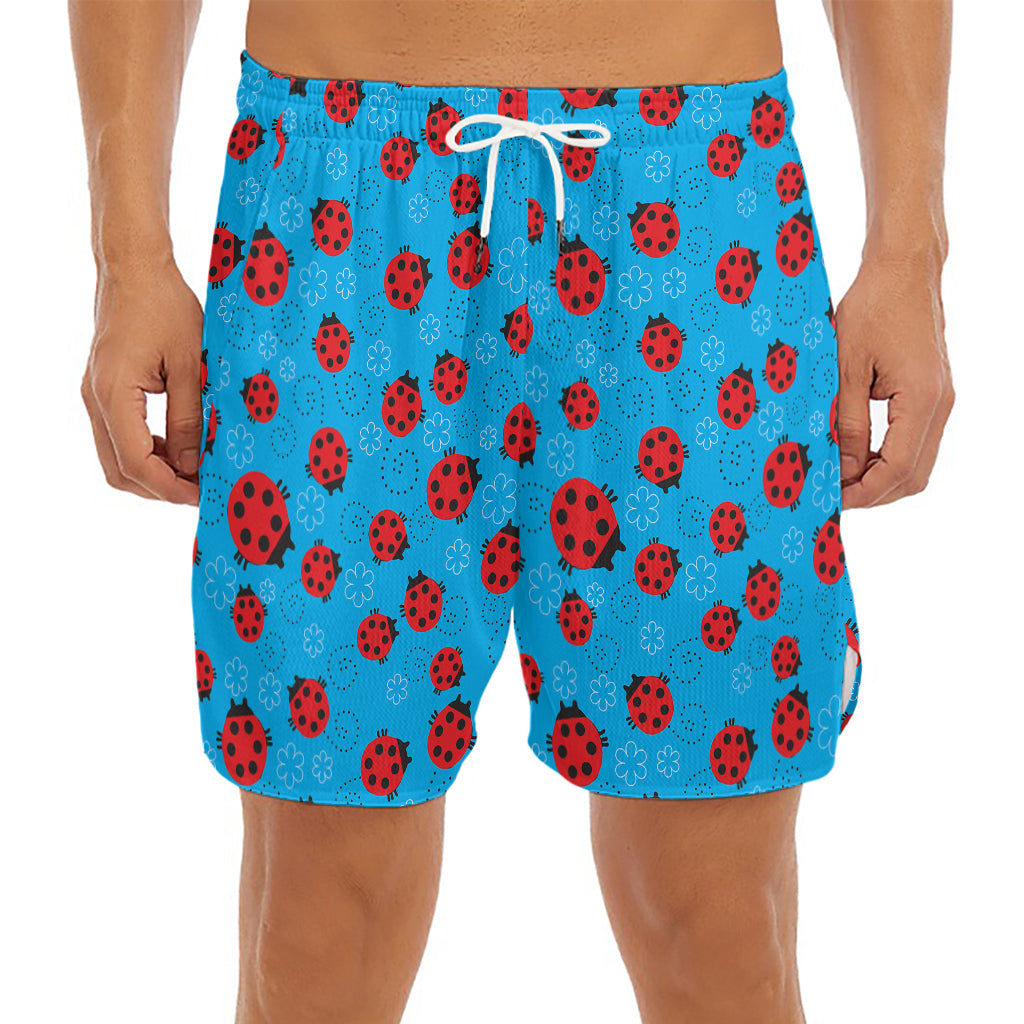 Cartoon Ladybird Pattern Print Men's Split Running Shorts