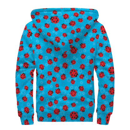 Cartoon Ladybird Pattern Print Sherpa Lined Zip Up Hoodie