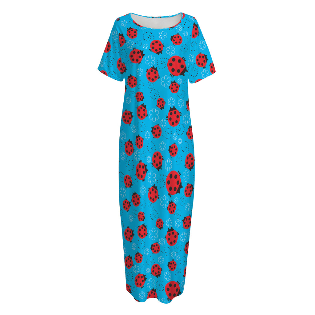 Cartoon Ladybird Pattern Print Short Sleeve Long Nightdress