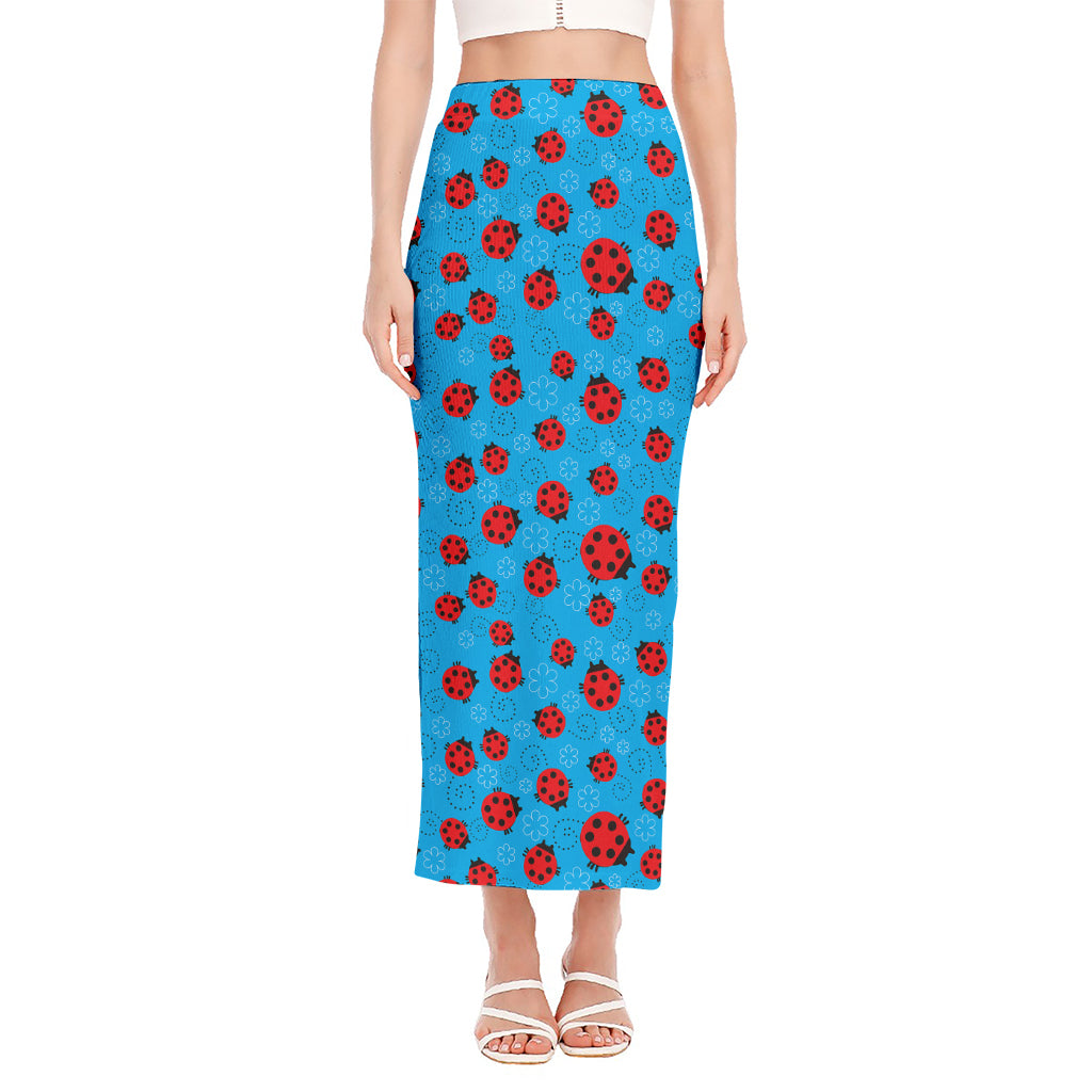 Cartoon Ladybird Pattern Print Side Slit Maxi Skirt