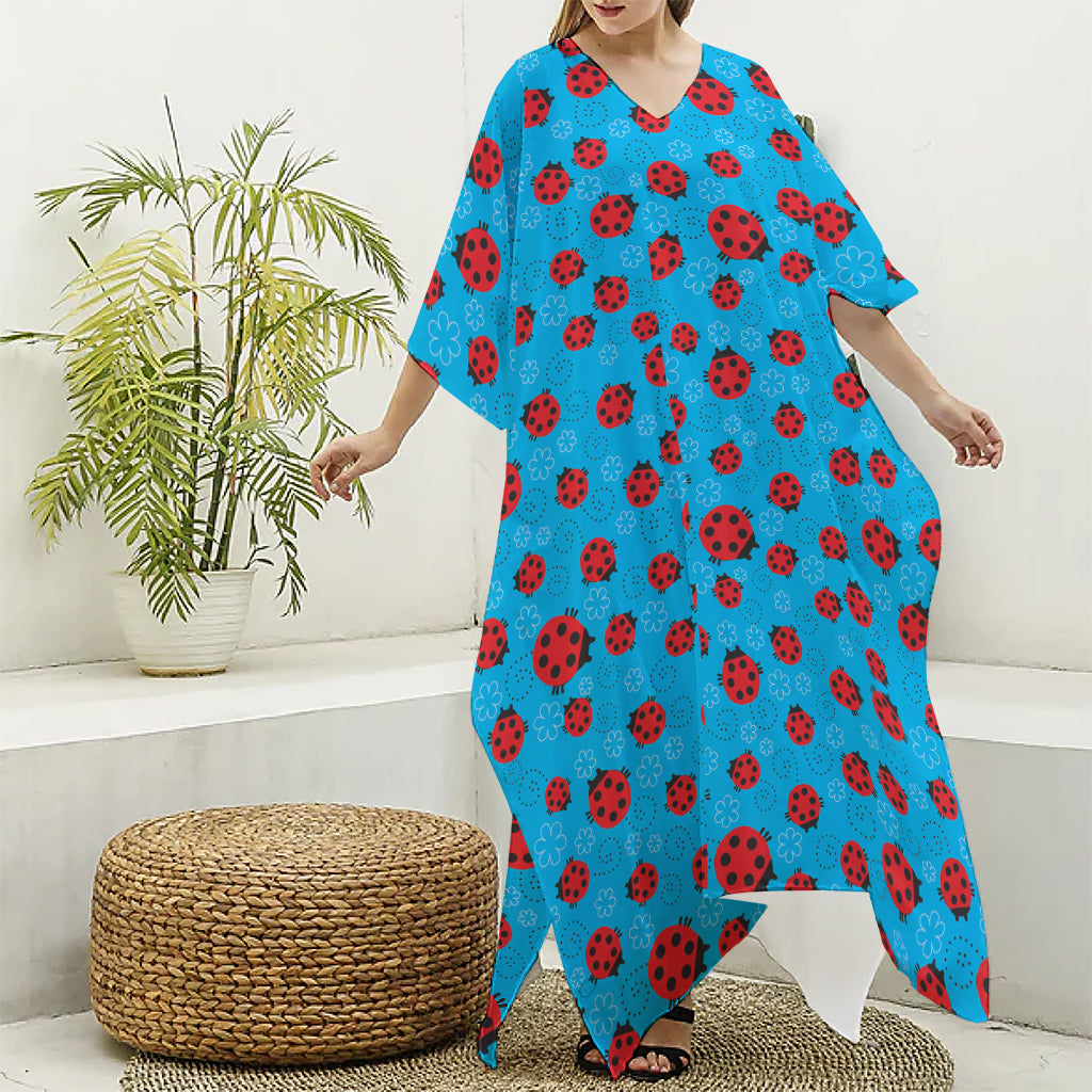 Cartoon Ladybird Pattern Print Silk V-Neck Kaftan Dress