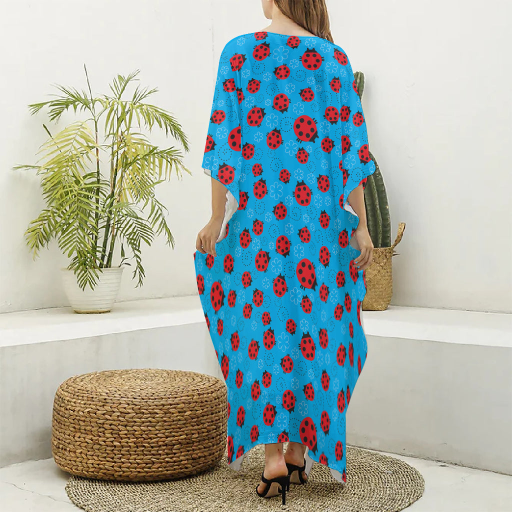 Cartoon Ladybird Pattern Print Silk V-Neck Kaftan Dress