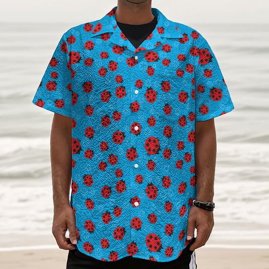 Cartoon Ladybird Pattern Print Textured Short Sleeve Shirt