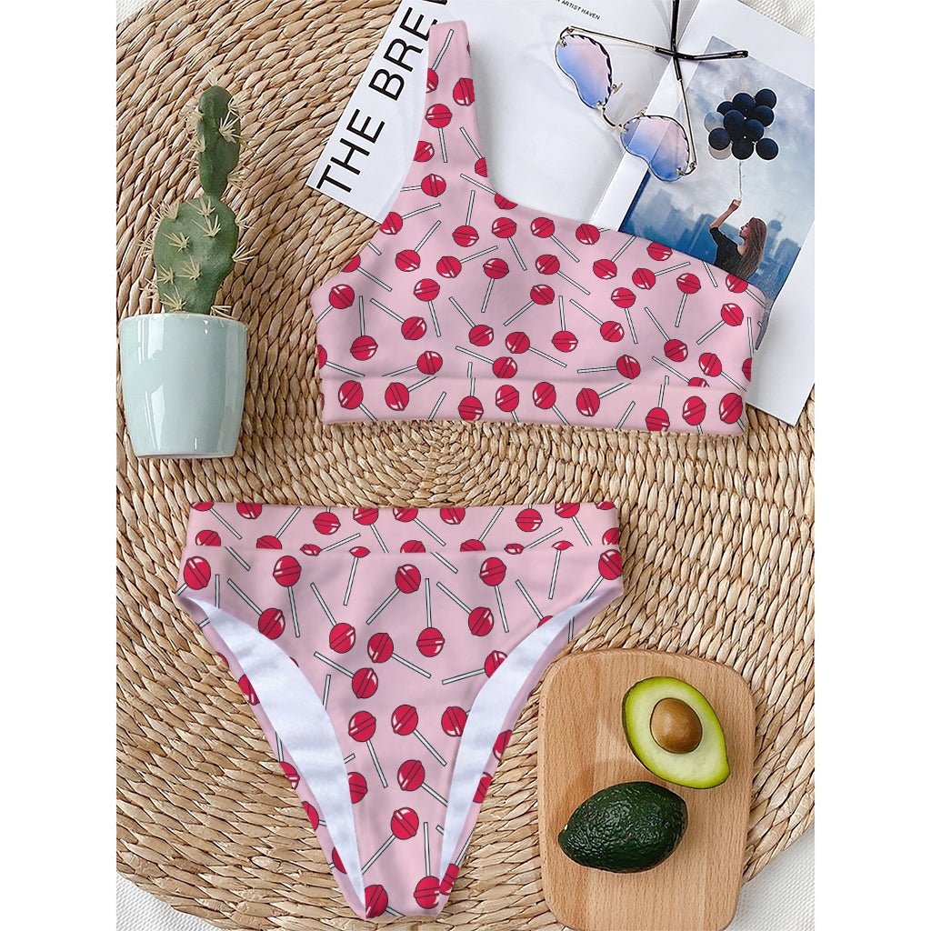 Cartoon Lollipop Pattern Print One Shoulder Bikini Top
