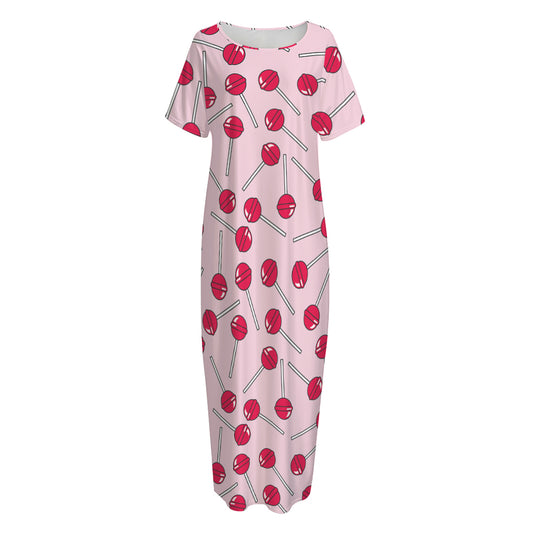 Cartoon Lollipop Pattern Print Short Sleeve Long Nightdress
