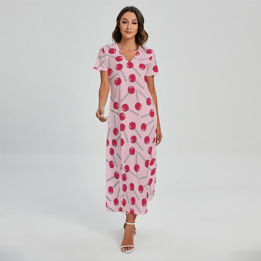 Cartoon Lollipop Pattern Print Short Sleeve Maxi Dress