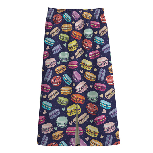 Cartoon Macaron Pattern Print Cotton Front Slit Maxi Skirt
