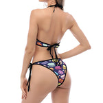 Cartoon Macaron Pattern Print Halter Scoop Tie Side Bikini
