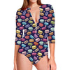 Cartoon Macaron Pattern Print Long Sleeve Swimsuit