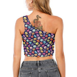 Cartoon Macaron Pattern Print One Shoulder Crop Top