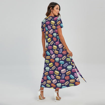 Cartoon Macaron Pattern Print Short Sleeve Maxi Dress