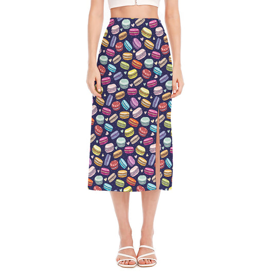 Cartoon Macaron Pattern Print Side Slit Midi Skirt