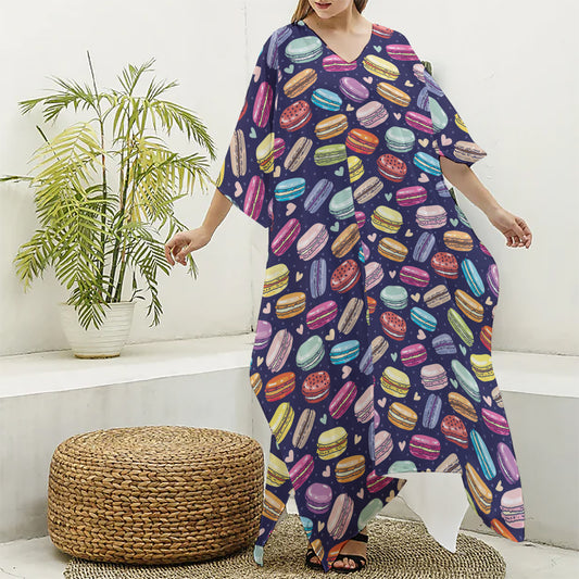 Cartoon Macaron Pattern Print Silk V-Neck Kaftan Dress