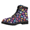 Cartoon Macaron Pattern Print Padded Collar Lace Up Boots