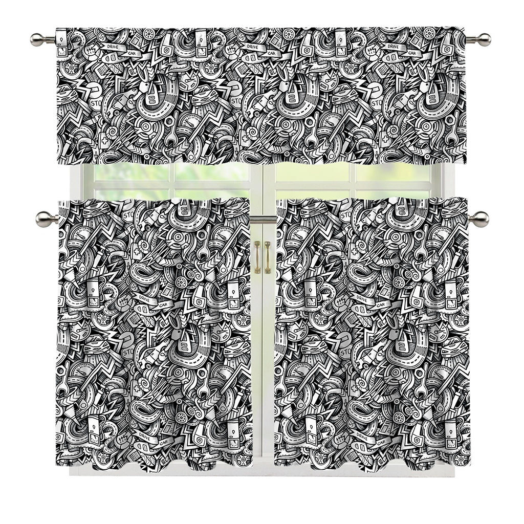 Cartoon Mechanic Pattern Print 3 Piece Kitchen Curtains