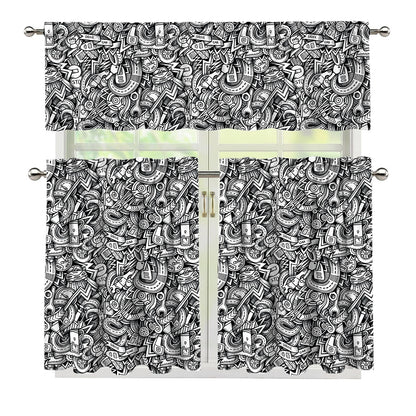 Cartoon Mechanic Pattern Print 3 Piece Kitchen Curtains