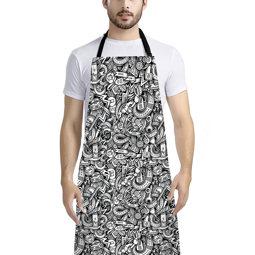 Cartoon Mechanic Pattern Print Bib Apron With Pocket