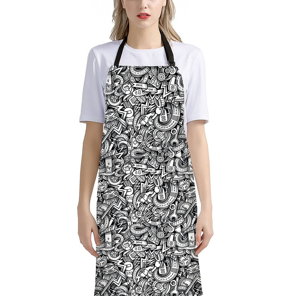 Cartoon Mechanic Pattern Print Bib Apron With Pocket