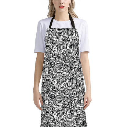 Cartoon Mechanic Pattern Print Bib Apron With Pocket